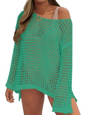 Women's Green Crochet Mesh Hollow Out Bikini Cover Ups for Swimwear Summer